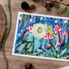 illustration magique mystérieuse, petite sorcière dans une forêt de champignon.