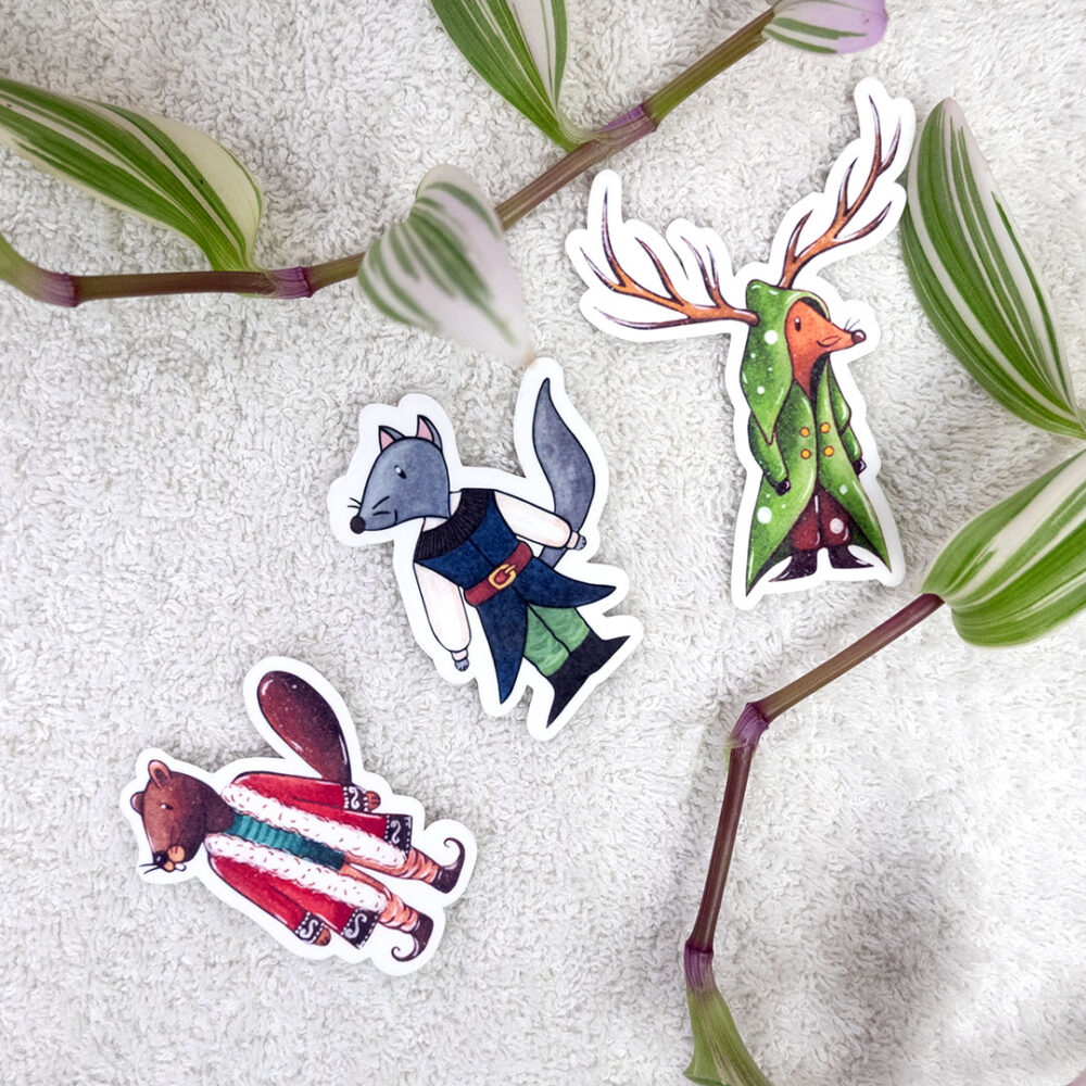 Lot de trois stickers : Marmotte, Cerf, Loup